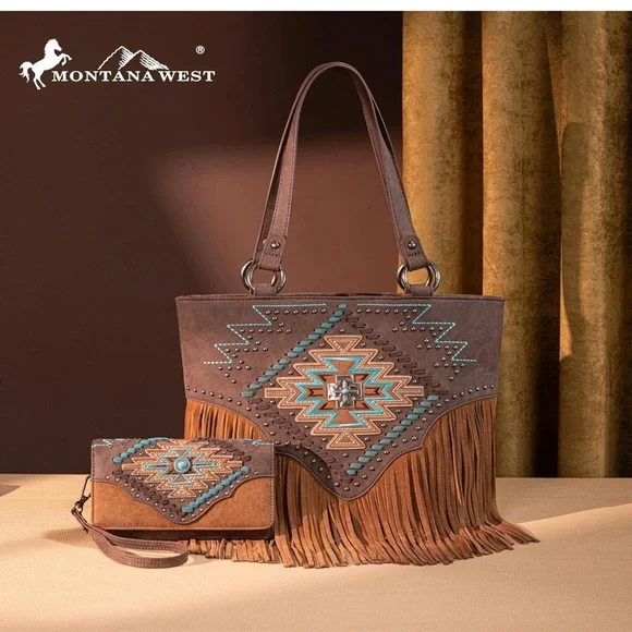 Coffee Women Tooled Shoulder Purse with Wallet 2Pcs Set - Picture 4 of 6